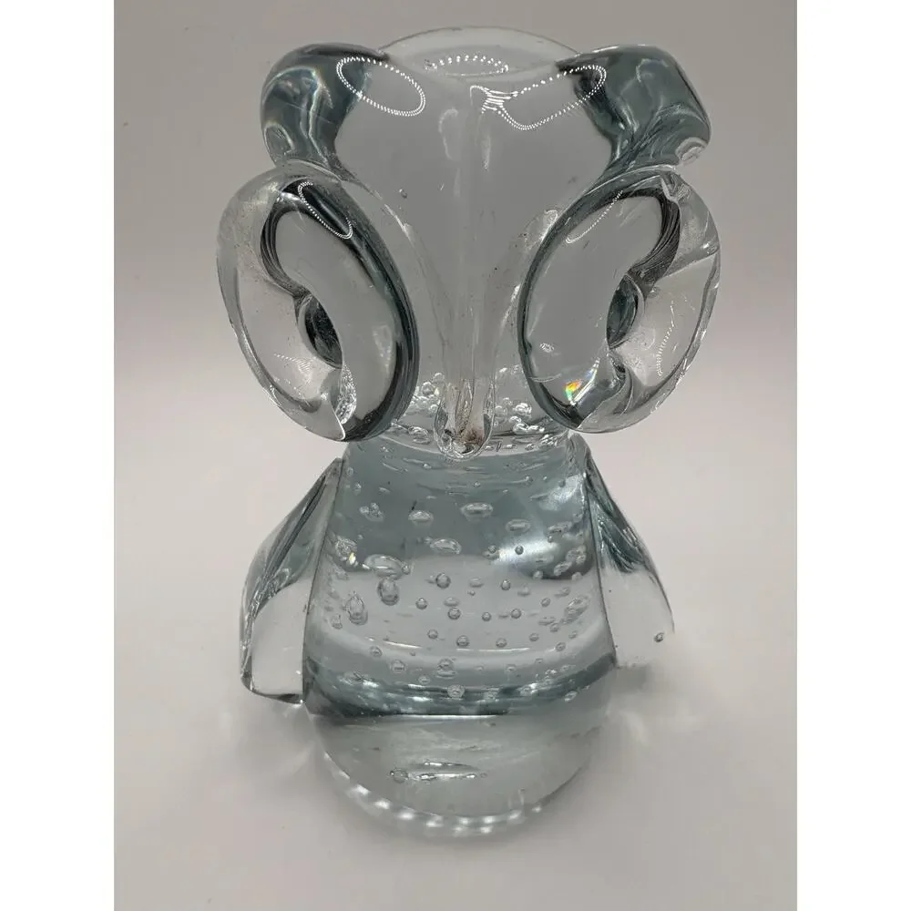Retro Artisan Clear Blown Art Glass Owl Big Eyes Bubbles 5.5